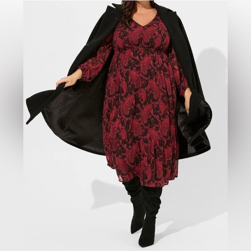 Torrid Burgundy and Black Paisley Long Sleeve Dress